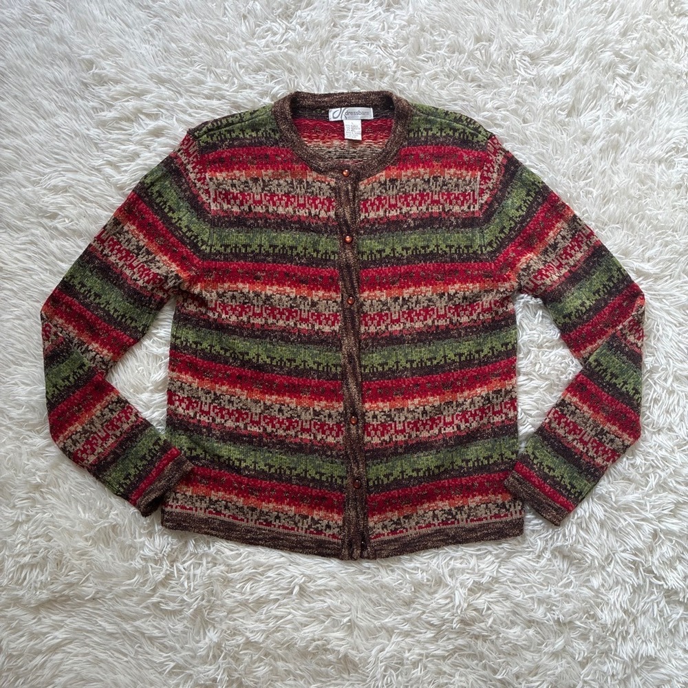 Dressbarn Womens Cardigan Sweater Fair Isle Stripe Boho Knit Button Down Size L